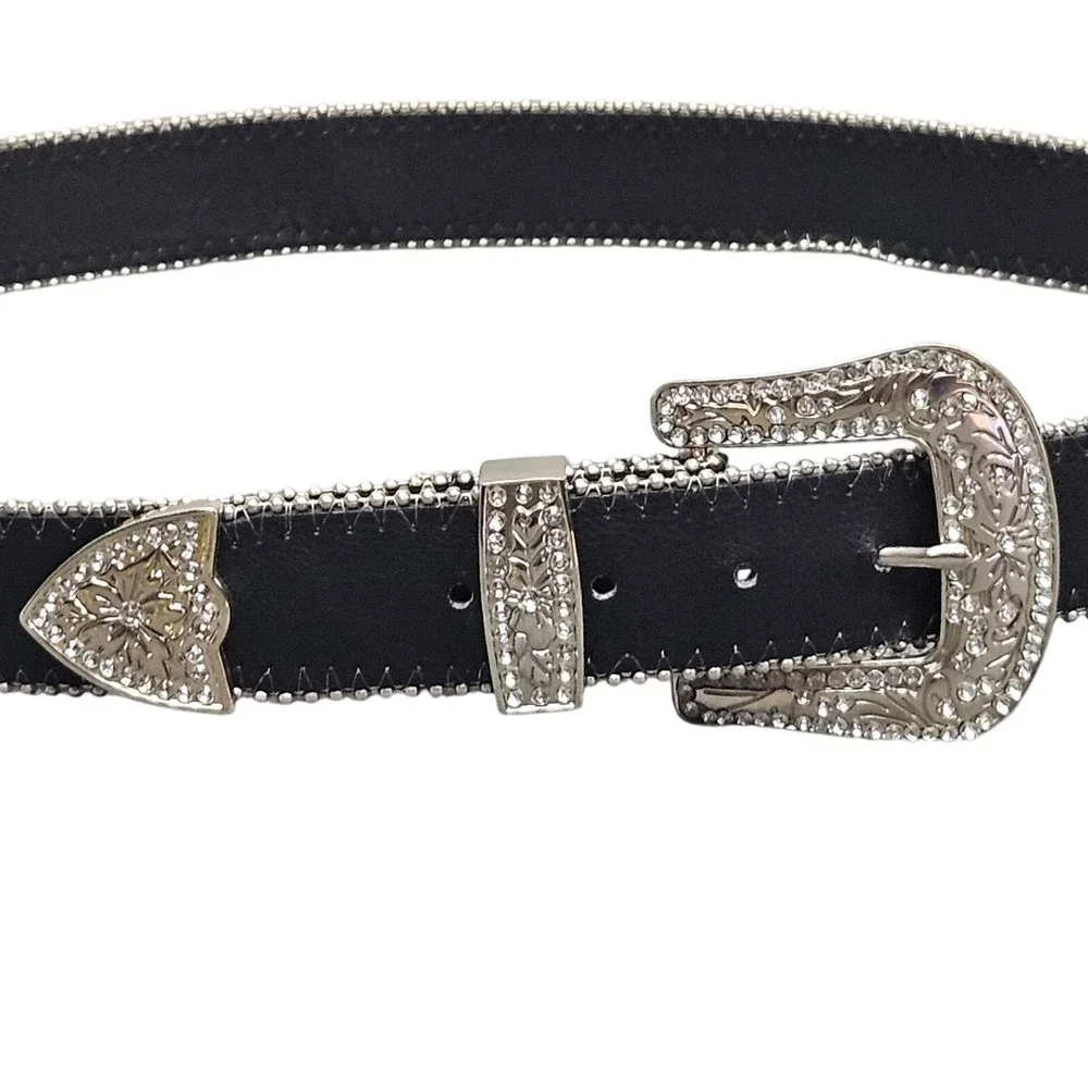 Western Rhinestone Buckle Belt Black Silver 2XL Y2K Bling Rodeo Statement Cowboy